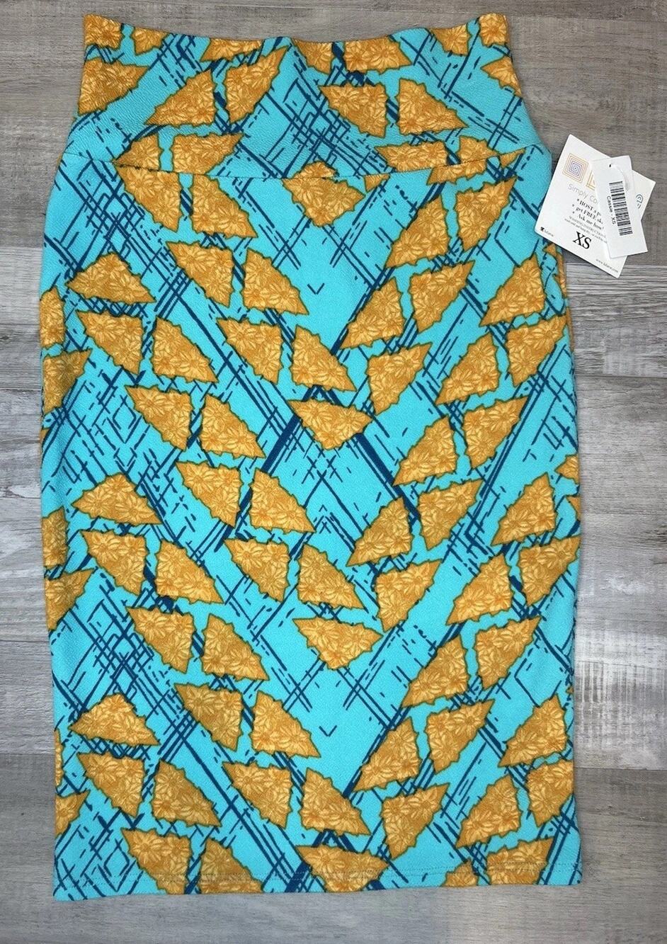 NWT LuLaRoe Size XS Cassie Turquoise w/ Orange Geometric Print Pencil Skirt